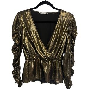 Zara‎ Metallic Gold Ruched Wrap Blouse Long Sleeves Deep V Neck
